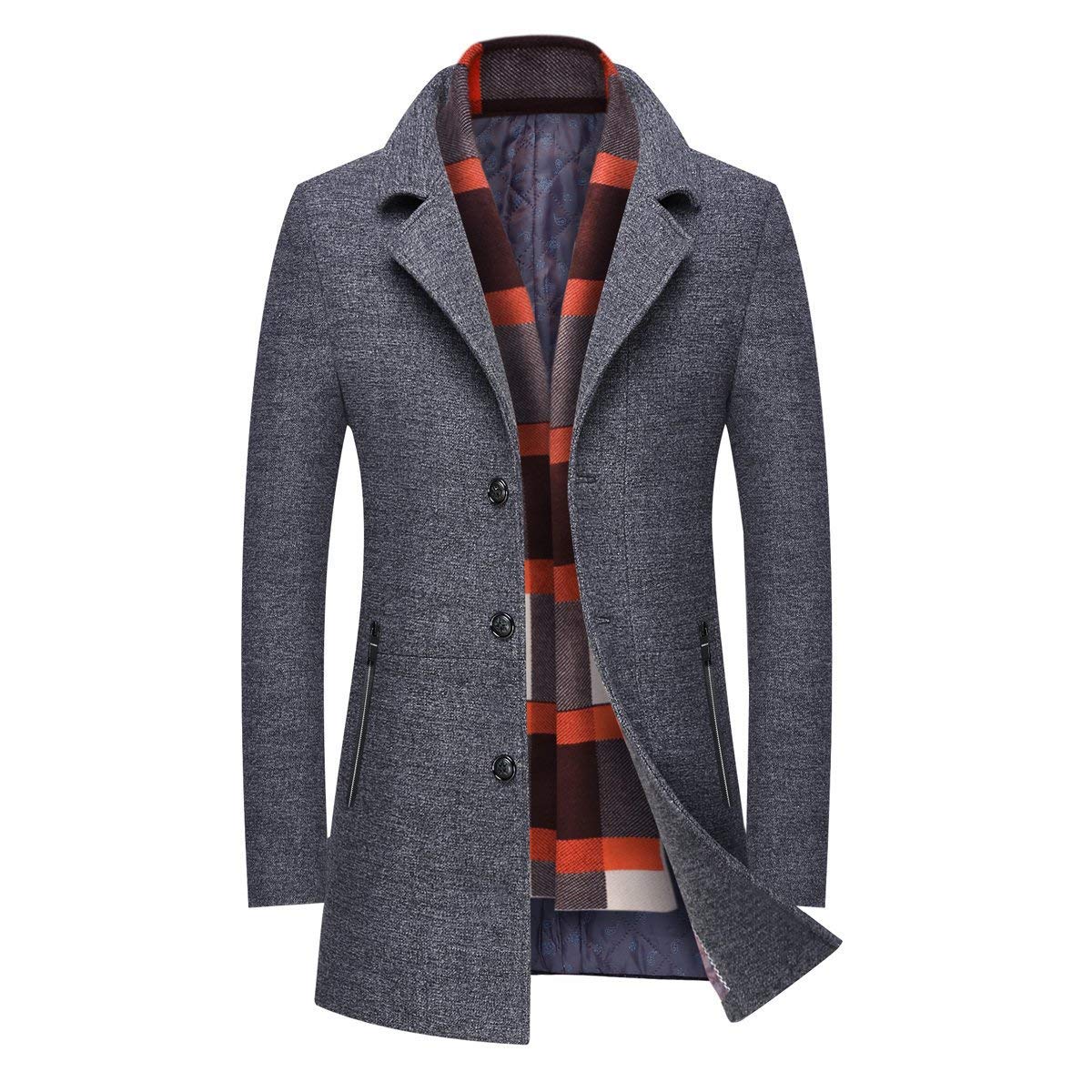 INVACHI Men's Wool Blend Pea Coat Warm Winter Trench Coat with Detachable Soft Scarf Single Breasted Overcoat